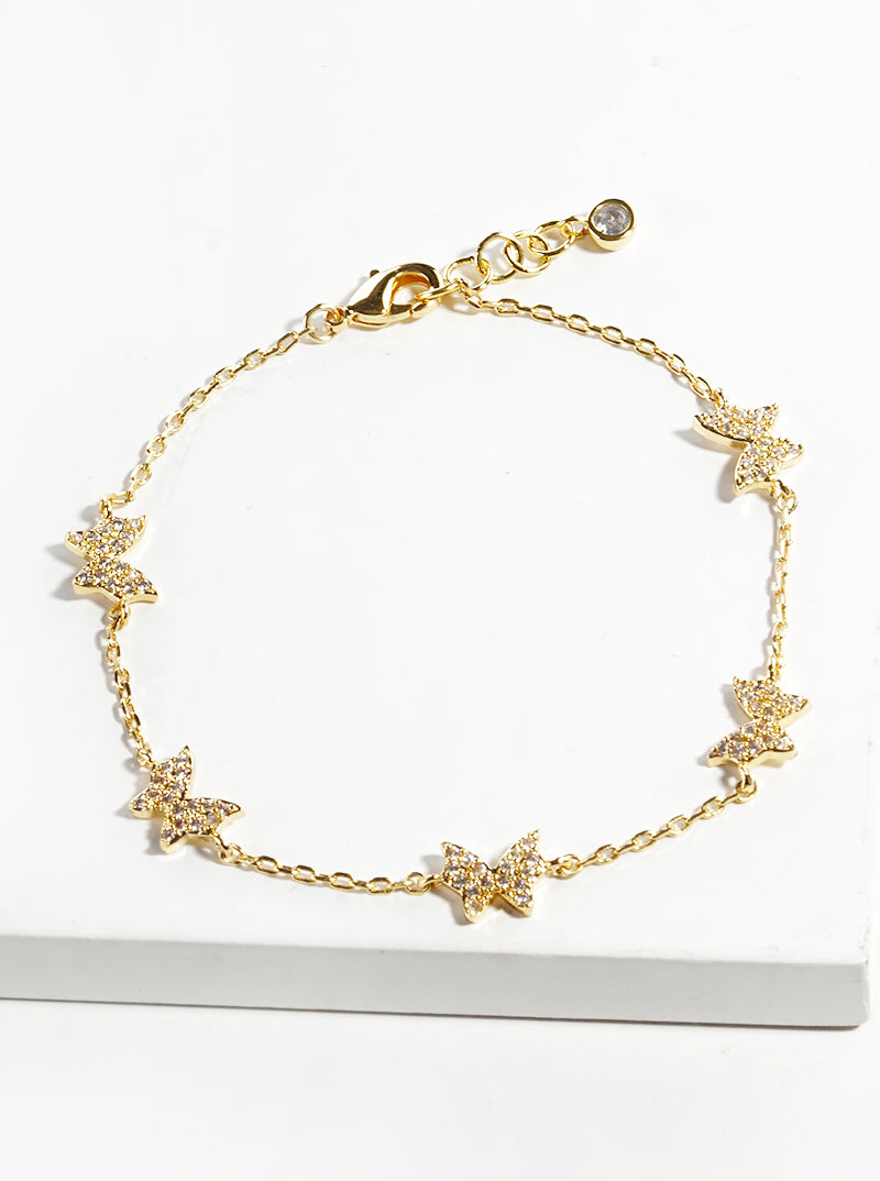 Dainty 18K Gold Plated CZ Pave Butterfly Charm Bracelet