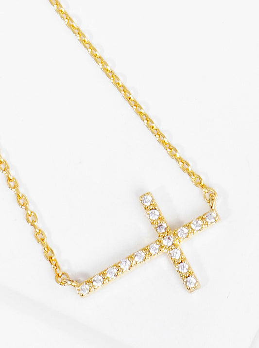 18K Gold Plated CZ Pave Cross Pendant Necklace