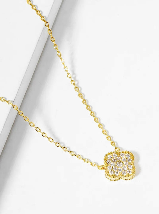 18K Gold Plated Cubic Zirconia Pave Clover Pendant Necklace - Gold Sparkle