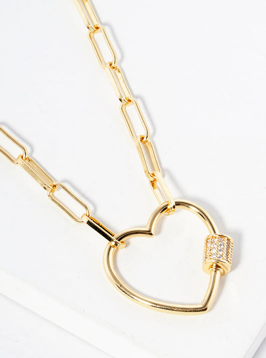 18K Gold CZ Heart Screw Lock Charm Short Necklace