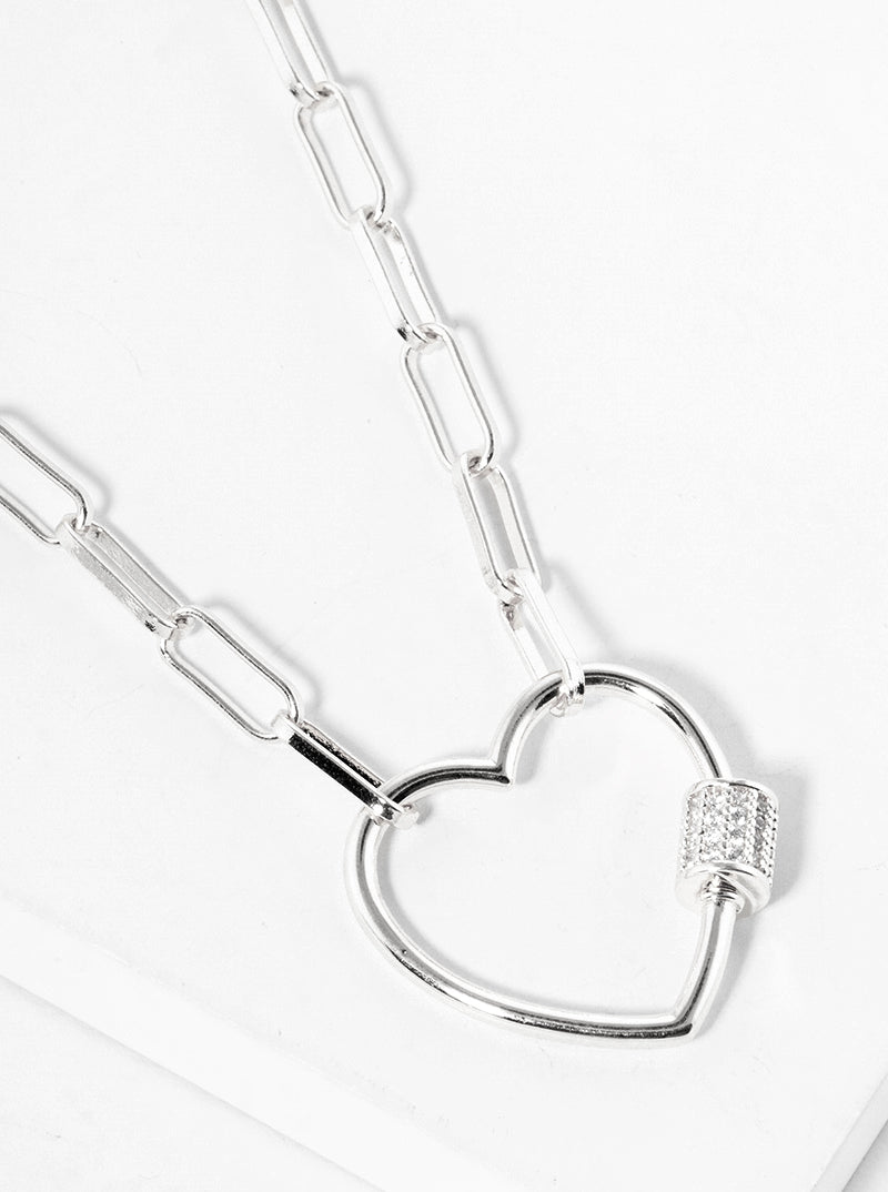 18K Gold CZ Heart Screw Lock Charm Short Necklace