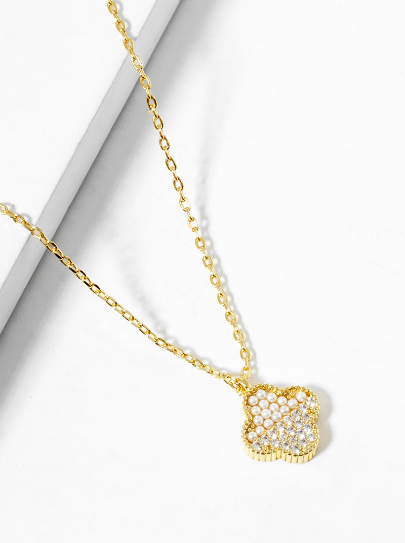 18K Gold Plated CZ and Pearl Clover Pendant Necklace