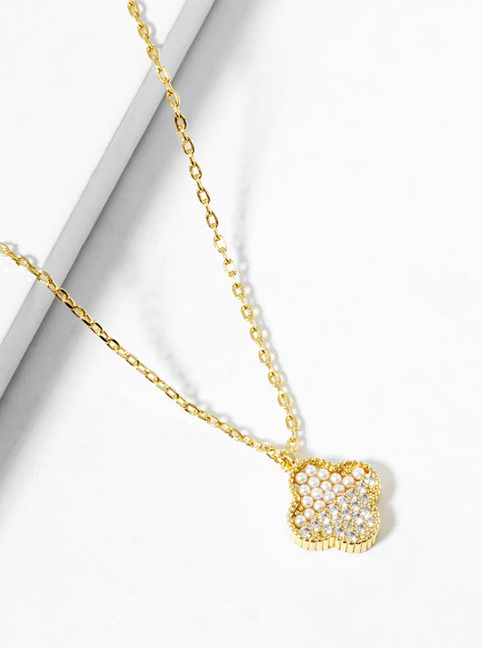 18K Gold Plated CZ and Pearl Clover Pendant Necklace