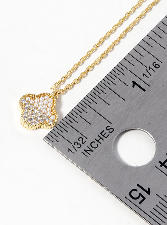 18K Gold Plated CZ and Pearl Clover Pendant Necklace