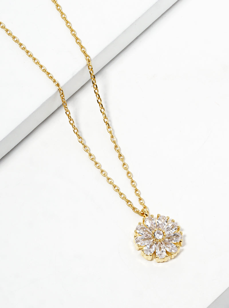 18K Gold Plated CZ Pave Flower Pendant Dainty Necklace