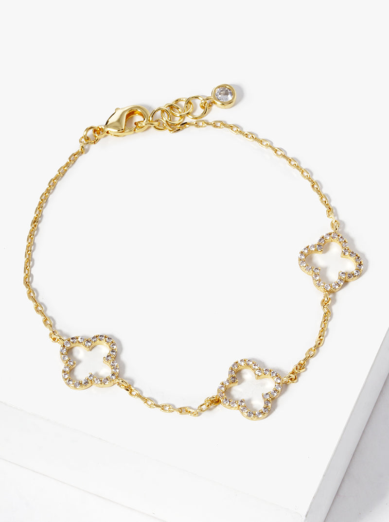 18K Gold Plated Cubic Zirconia Pave Three Clover Bracelet