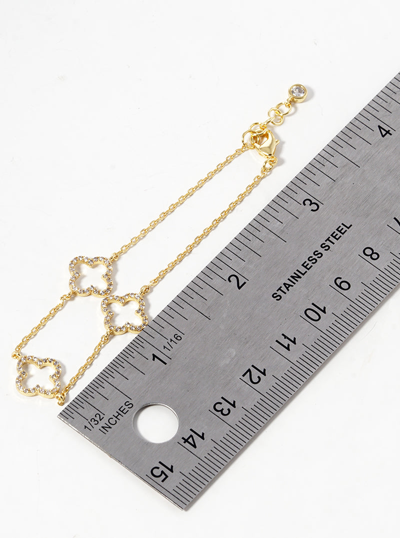 18K Gold Plated Cubic Zirconia Pave Three Clover Bracelet