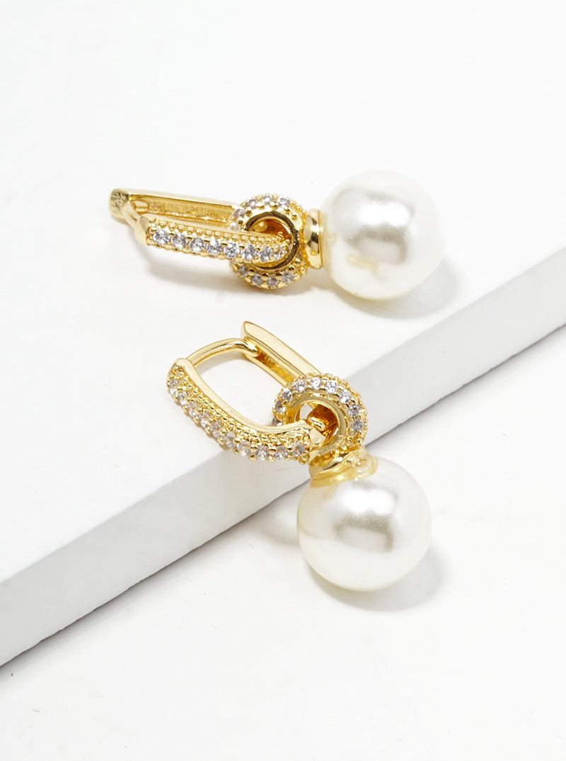 18K Gold Plated Pearl Cubic Zirconia Huggie Earrings