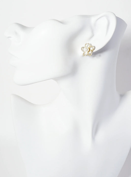 Pave Cubic Zirconia Pearl Flower Earrings – Elegant Sparkling Design