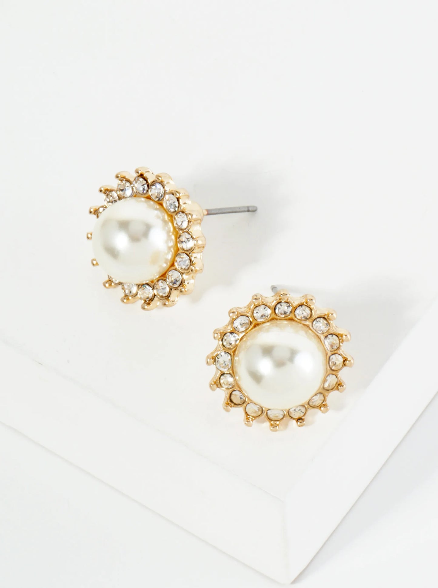 9mm Pearl Flower Cubic Zirconia Pave Stud Earrings