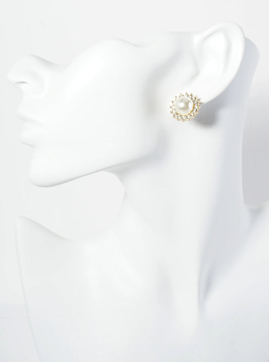 18K Gold Dipped 9mm Pearl Flower Cubic Zirconia Pave Stud Earrings