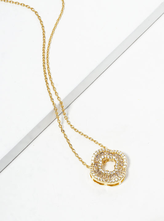 Gold CZ Pave Clover Pendant Necklace – Elegant & Sparkly