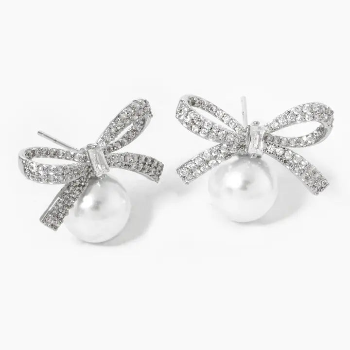 18K Gold Plated CZ Pearl Ribbon Earrings