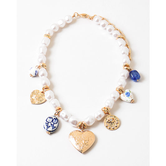 Pearl & Gold Heart Charm Necklace