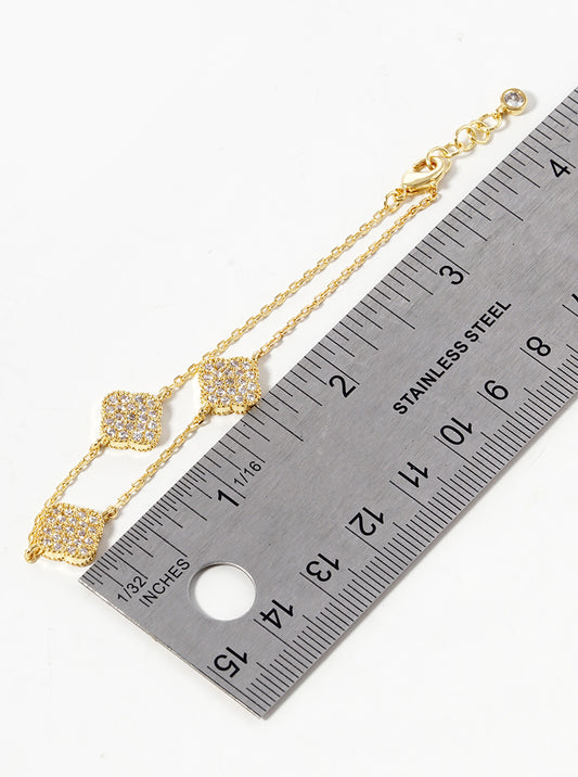 18K Gold Plated Cubic Zirconia Pave Charm Clover Bracelet